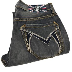 MONARCHY $195 NWT Embroidered Flap Pocket Bootcut Jeans Thick Stitch 32